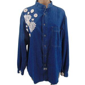 Vintage Bugle Boy Denim DIY Shirt XL Goldcrest Crochet Doily Cottagecore Grandma